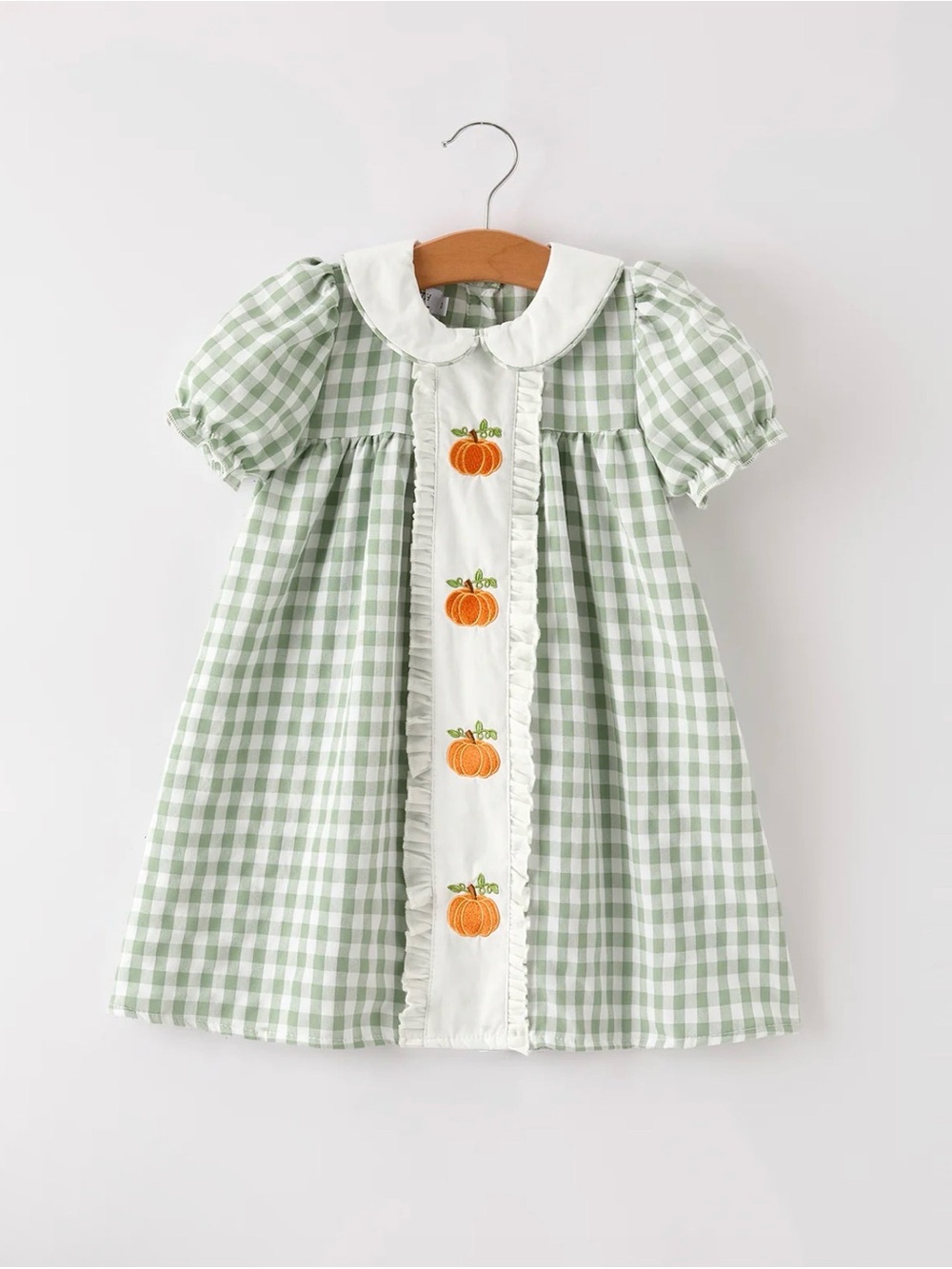 Rylee Faith Fall Thanksgiving Pumpkin Appliqué Plaid Green Girls Dress